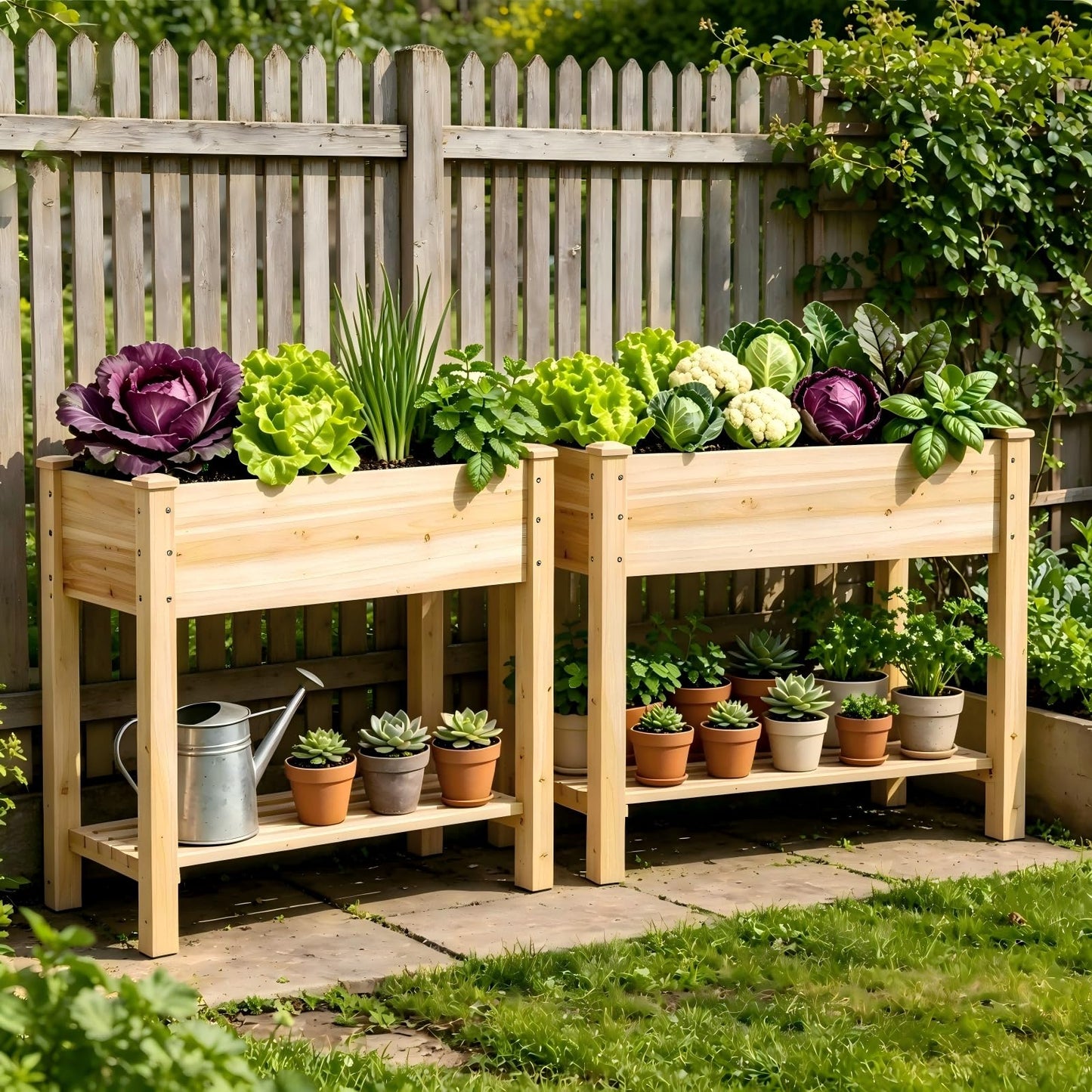 48x24x30.7 Wood Raised Garden Bed with Legs Wooden Planter Box with Storage Shelf Elevated Wood Planter Box for Vegetables Flowers Herbs Garden Planter for Backyard Patio Balcony (Natural, Medium)