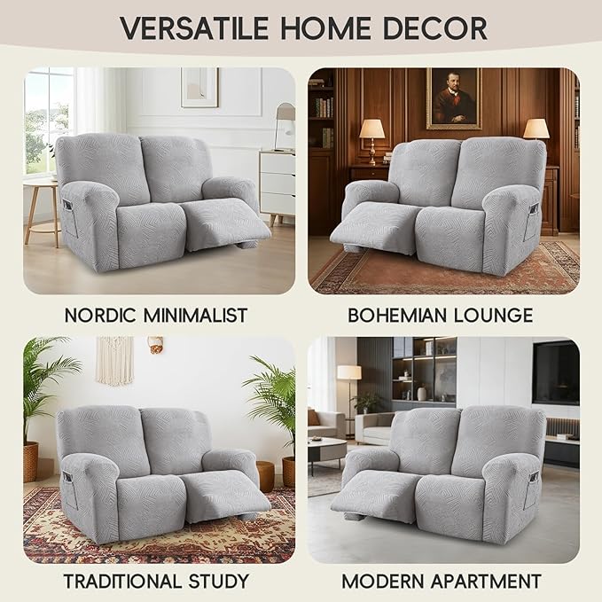 Recliner Loveseat Covers, 4-Piece Stretch Geometric Strokes Jacquard Reclining