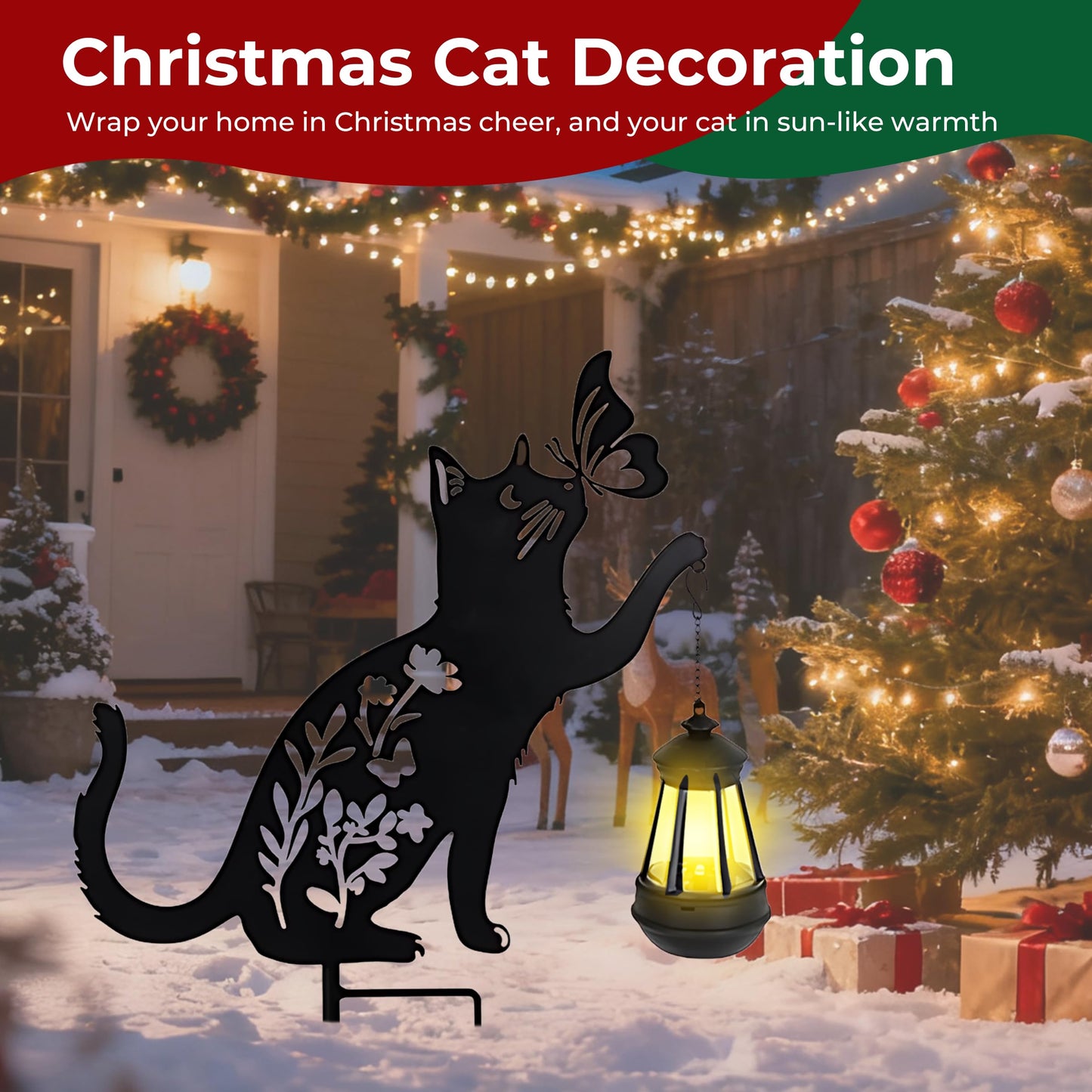 Cat Solar Lights Outdoor Garden, 2 pcs Lantern Stakes Decorative Black Ornament with Butterfly,Metal Garden Decor Art for Outside Lawn Yard Patio, Cat Yard Art Gifts for Halloween,Christmas