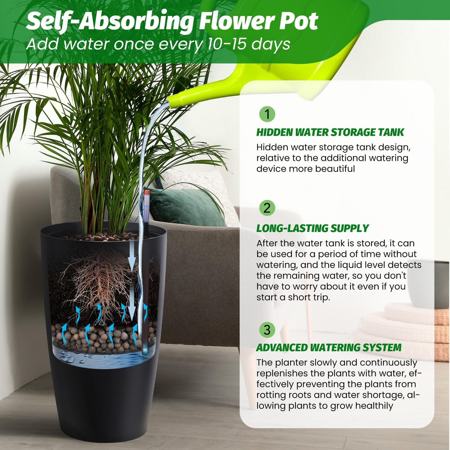 GarveeHome Set of 2 Tall Planters for Outdoor Plants, 22 Inch Large Self Watering Planters with Water Level Monitor, Indoor Outdoor Plastic Flower Pots for Porch, Patio, Backyard & Entryway,Black