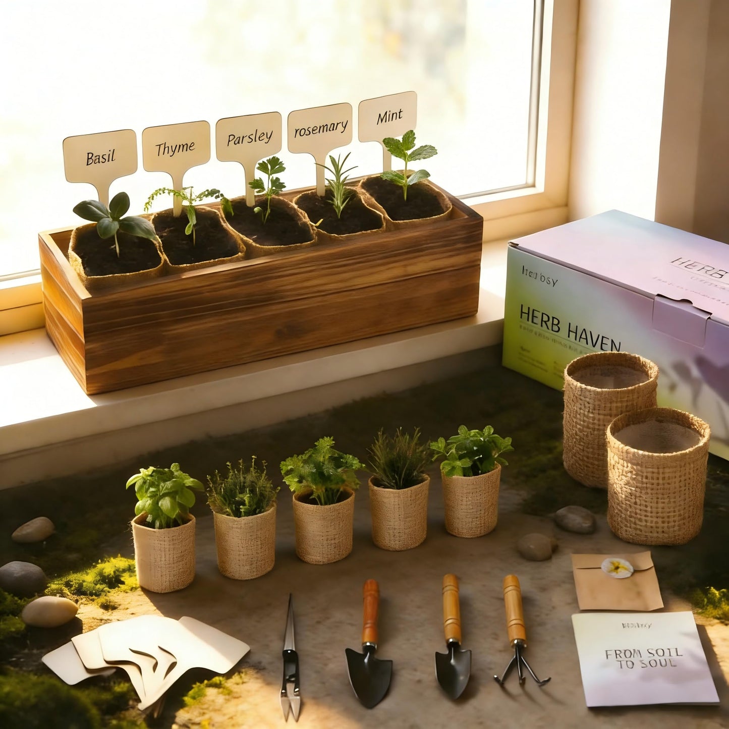 5 Herb Garden Kit with Wooden Box – Basil, Thyme, Parsley, Rosemary, Mint – Windowsill Herb Garden for Kitchen – Mother’s Day Gift for Mom, Gardening Gift for Women – Birthday Housewarming
