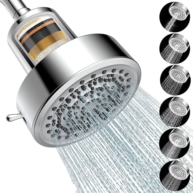 Filtered Shower Head for Hard Water – Removes Chlorine & Heavy Metals,6 Mode Settings High Pressure Shower Head Filter for Healthier Hair & Skin, Easy install,Water Softener Showerhead