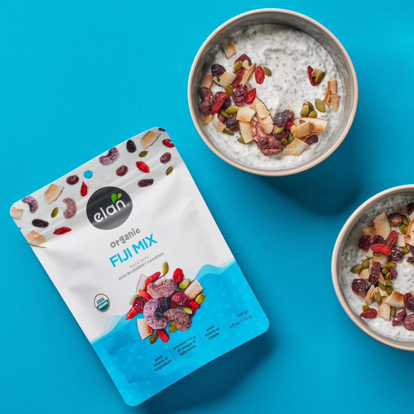 Elan Organic Fiji Mix, 4.8 oz, Non-GMO, Gluten-Free, Vegan, Kosher, Dried Fruits (Dried Goji Berries, Dried Cranberries), Superfood Infused Nuts (Blueberry Acai Cashews), Pumpkin Seeds