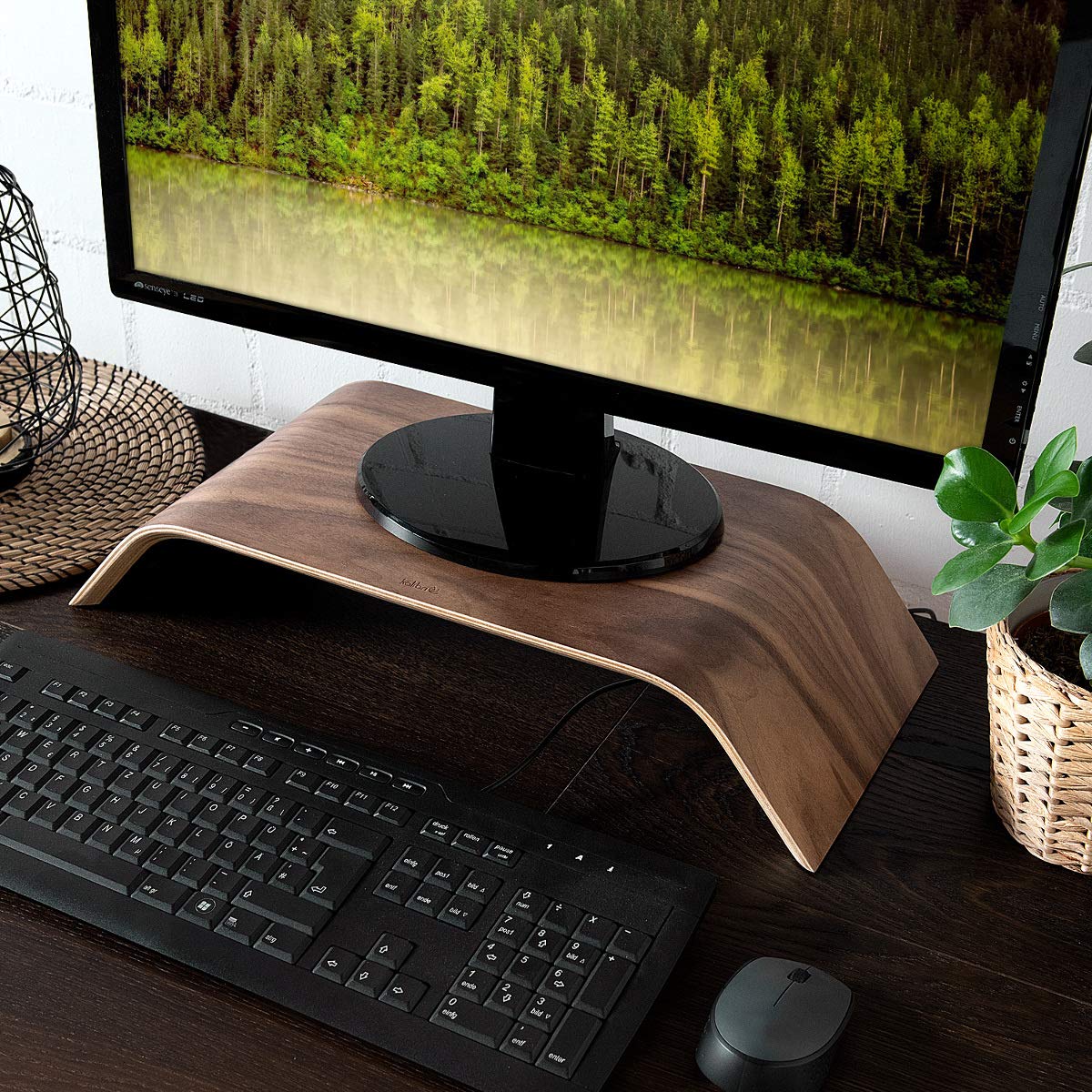 kalibri Wood Monitor Stand Riser - Computer Desk Holder Desktop Dock Wooden Mount Display for PC TV Screen Notebook Laptop - Walnut
