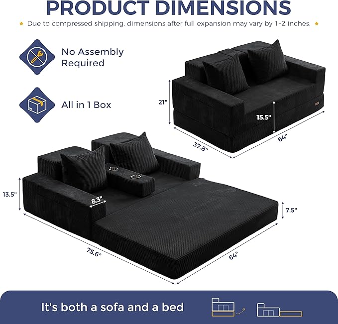MAXYOYO Loveseat Sofa Bed, 4 in 1 Convertible Boneless Couch Folding Recliner