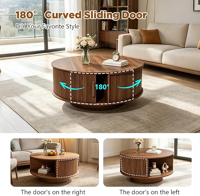 Round Lift Top Coffee Table, Mid Century Modern Fluted Circle Coffee Table
