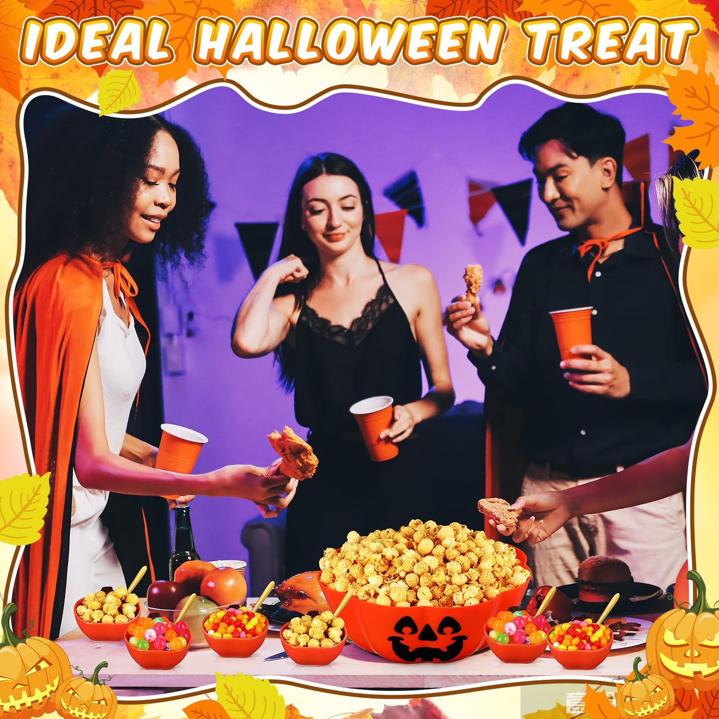 FoldTier 13 Pcs Halloween Candy Bowls Include 6 Ceramic Pumpkins Ramekins 1 Plastic Trick or Treat Bowls 6 Dessert Spoons Pumpkins Dishes Popcorn Serving Bowl for Halloween Party Supplies Popcorn Bar