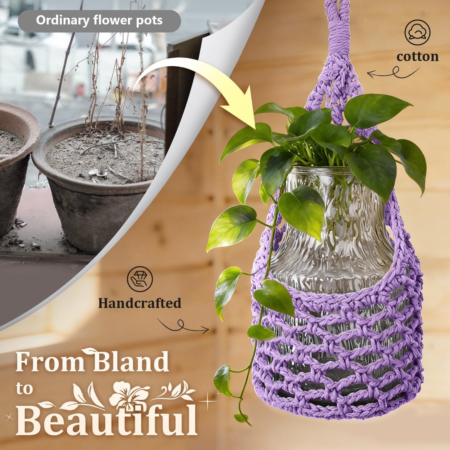 HOREAKHJ Macrame Wall Plant Hanger, Hanging Planter Basket Holder, Wall Planters for Indoor Plants, for Up to 6 Inch Pot (Purple, 6-Inch)