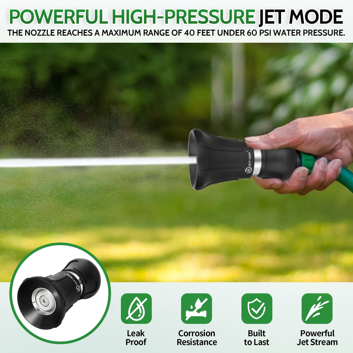 AUTOMAN Garden Hose Nozzle Heavy Duty, 2 Pack Fireman Hose Nozzle, High Pressure Water Hose Sprayer Nozzle, Adjustable Spray Nozzles for Washing Car, Cleaning Ground, Watering Plants, Showing Pets
