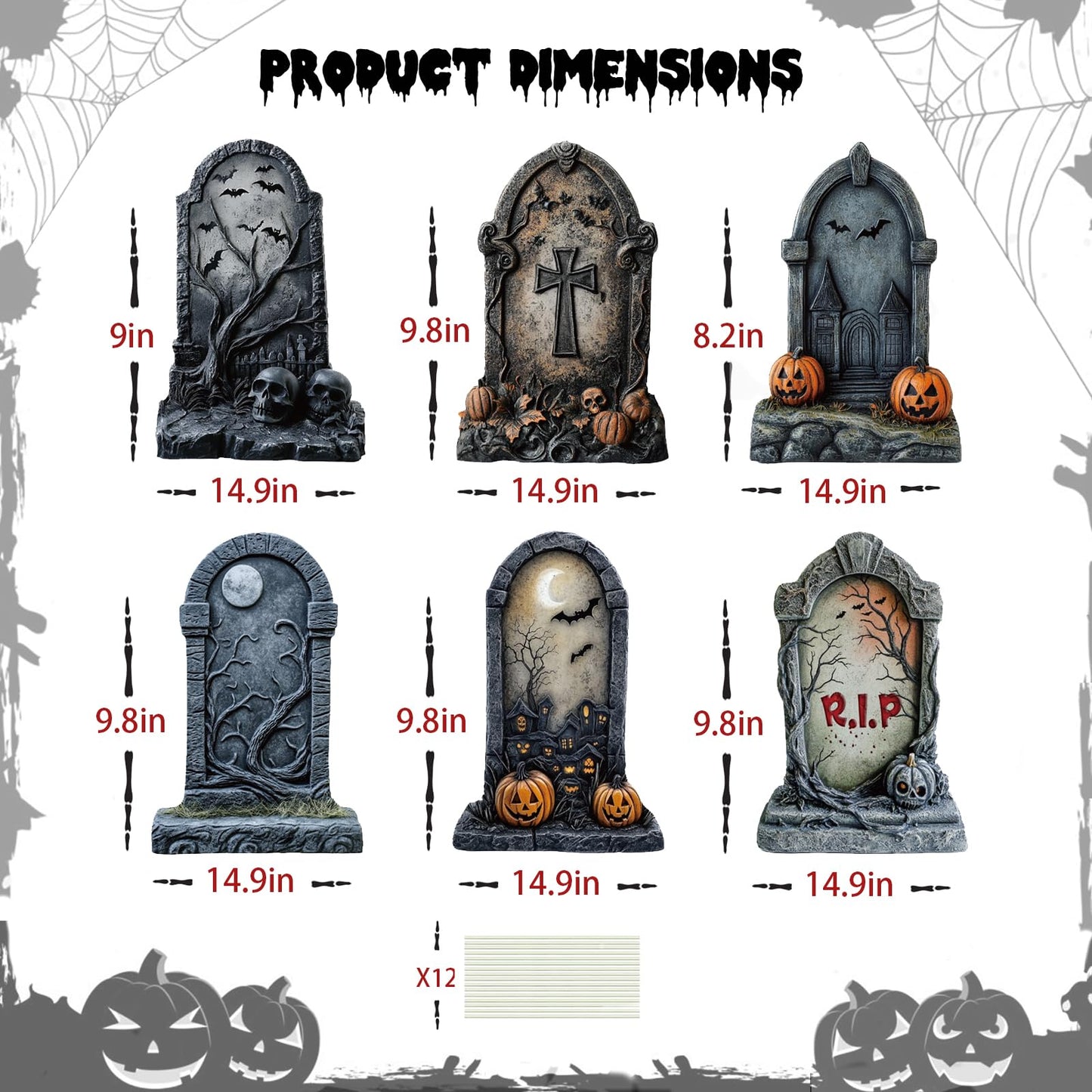 ORNALES 6 Pieces Halloween Tombstone Yard Signs, Waterproof Tombstone Halloween Yard Decorations with Stakes, Ghost Skull Pumpkin Graveyard Design for Outdoor Yard, Garden Lawn, Holiday Party