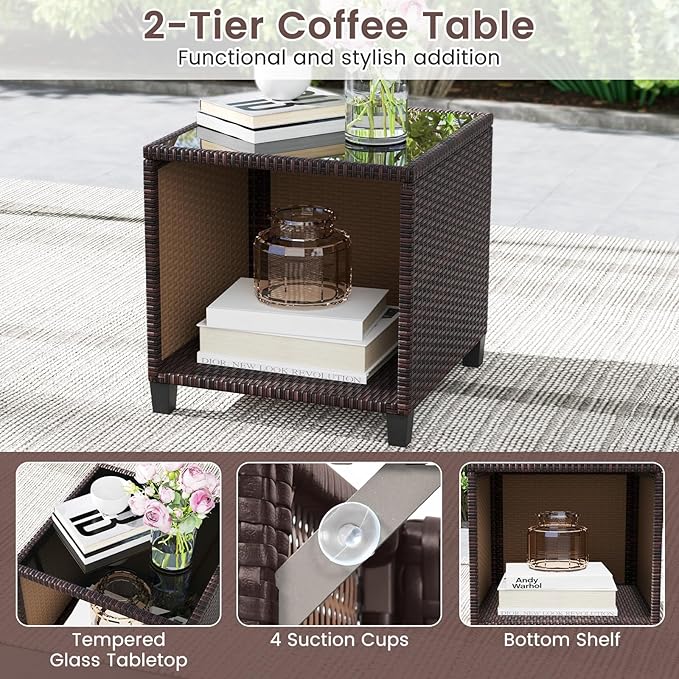 HAPPYGRILL 3 Pieces Patio Conversation Set, Outdoor Rattan Wicker Chairs &