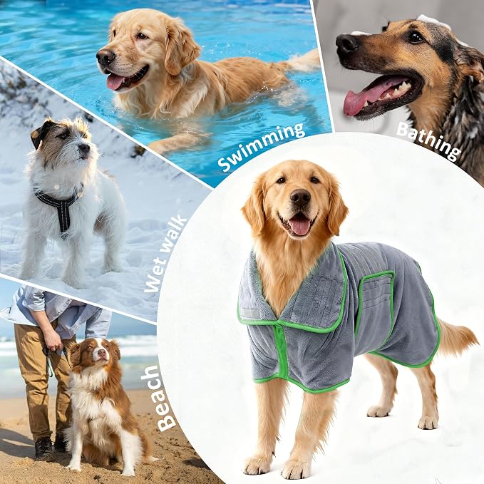 Soft Dog Bathrobe Fast Drying Dog Coat, Super Absorbent Dog Towels for After Bath, Microfiber Pet Robe Adjustable Collar & Belly Warm Keeping Dogs Coat for Pet Dogs & Cats (Grey, Medium)
