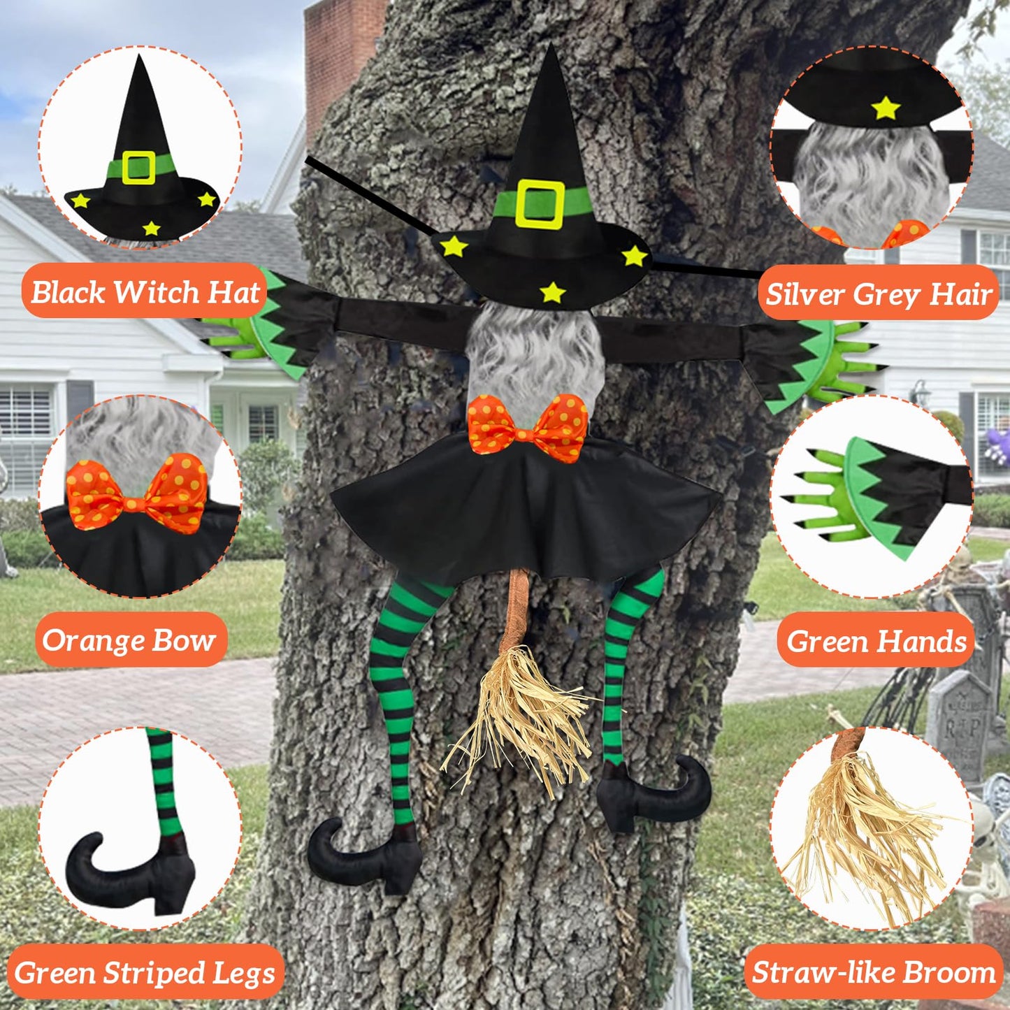 Crashing Witch Halloween Decorations Outdoor: 43" Flying Witch Crashing into Tree Halloween Decor Outside Hanging Props for Yard Patio Porch Tree Door