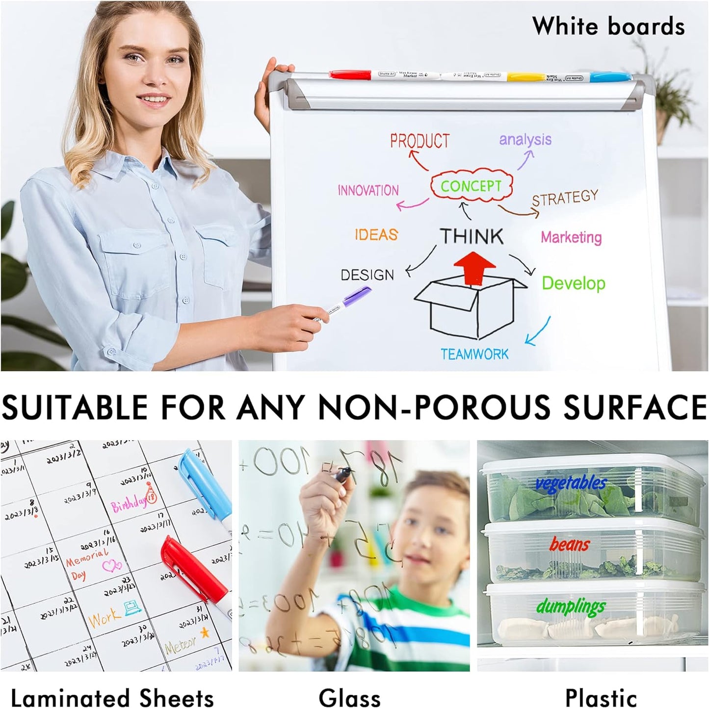 Shuttle Art Wet Erase Markers, 15 Colors 1mm Fine Tip Smudge-Free Markers, Use on Laminated Calendars,Overhead Projectors,Schedules,Whiteboards,Transparencies,Glass,Wipe with Water
