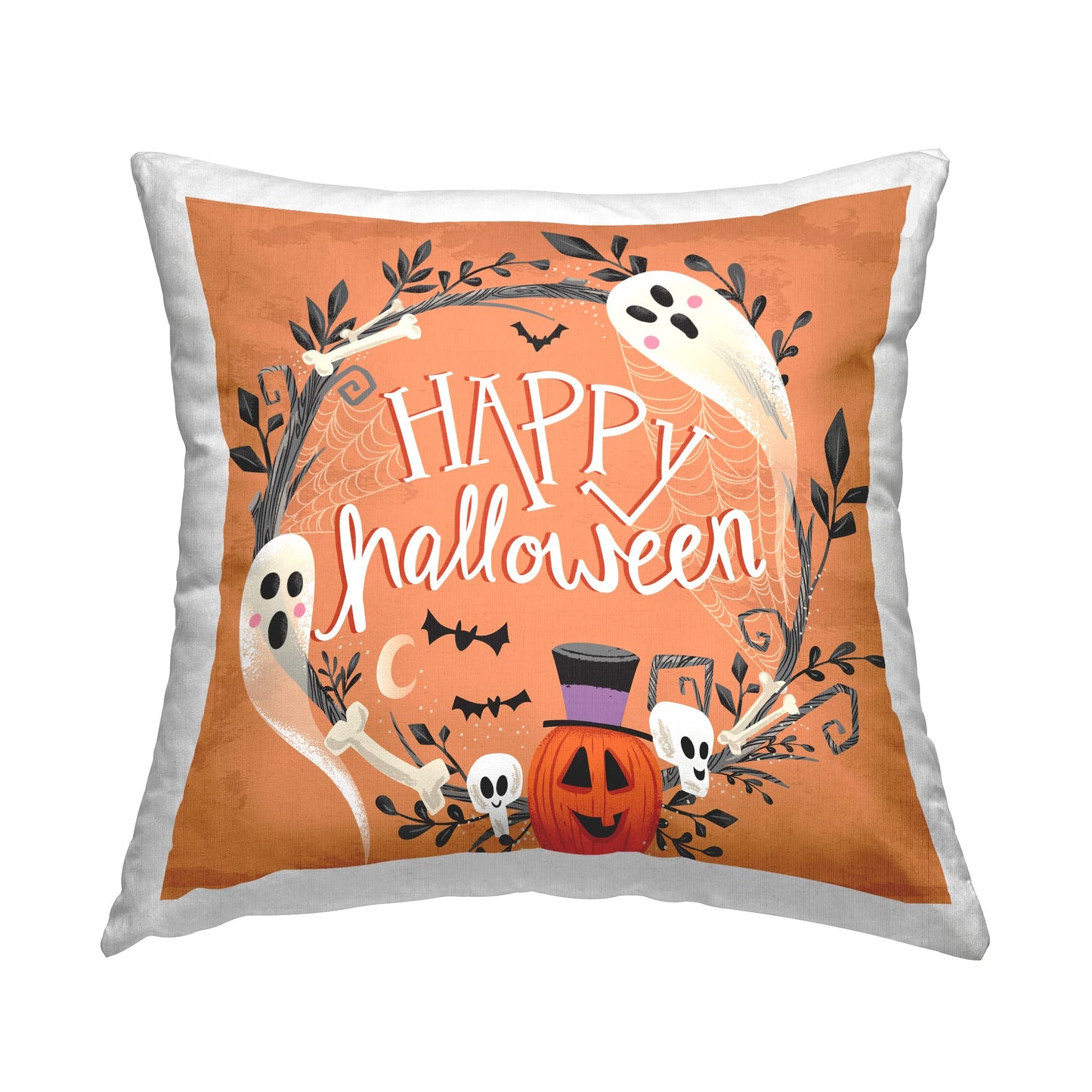 Stupell Industries Whimsical Orange Happy Halloween Ghosts Wreath Design by Arrolynn Weiderhold Throw Pillow
