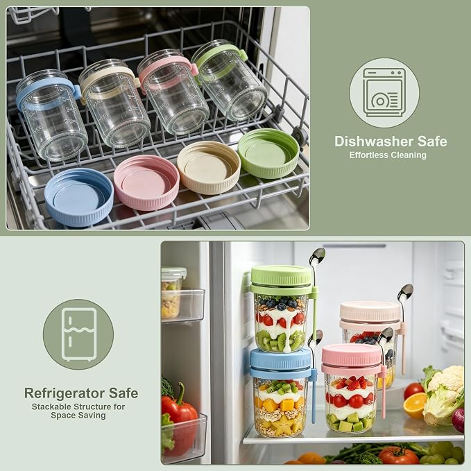 6Pcs Overnight Oats Containers with Lids and Spoons,16oz Glass Meal Prep Jars with Measurement Marks, Leak-Proof Breakfast Food Storage for Yogurt, Cereal, Salad, BPA-Free (6 Colors)