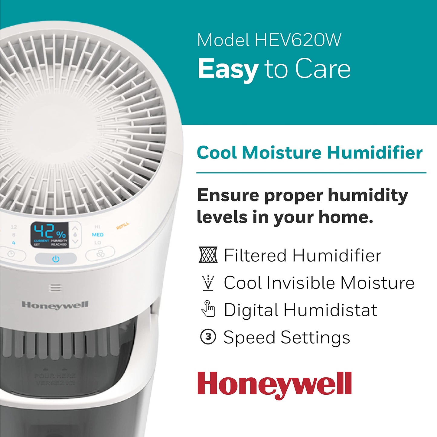 Honeywell Top Fill Tower Humidifier, Digital Humidistat, Black – Cool Mist Humidifiers for Bedroom, Home or Office with Space-Saving Tower Design
