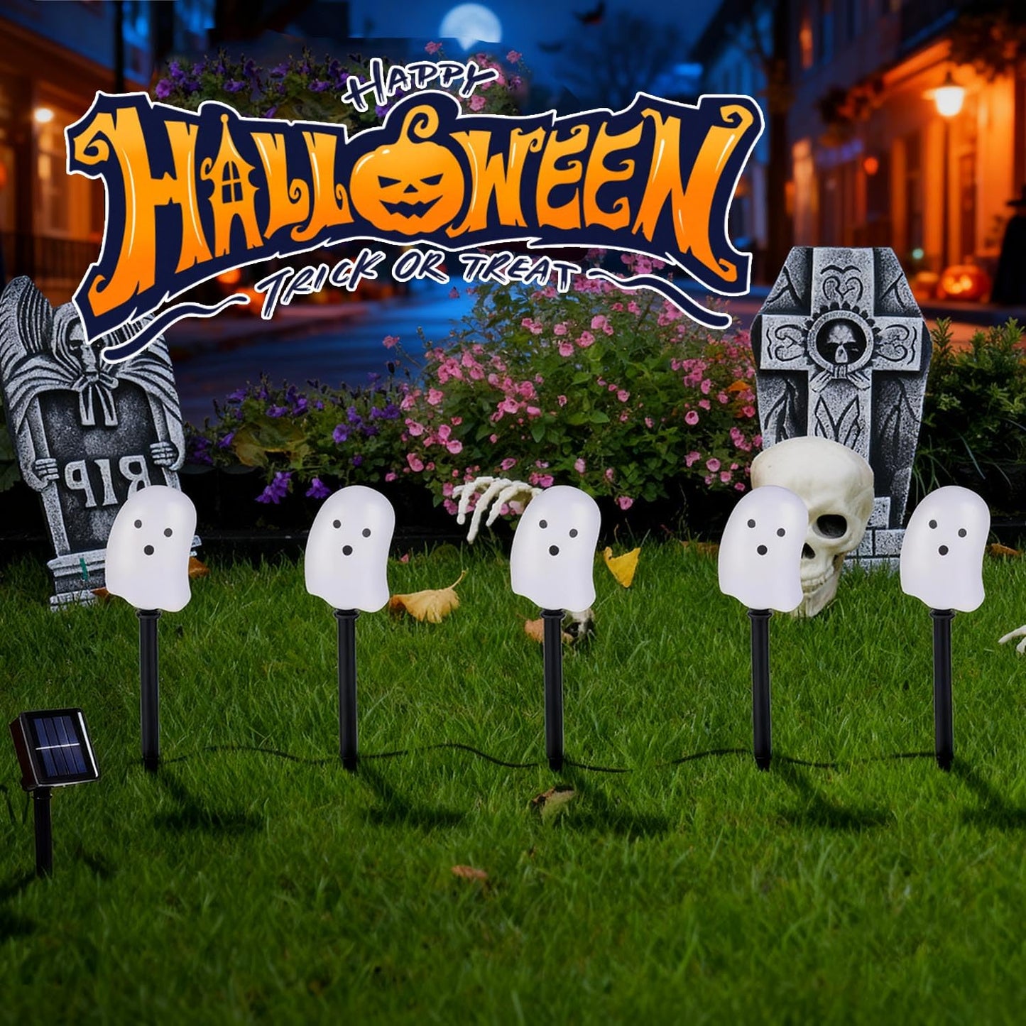 Halloween Solar Lights for Outdoor Decorations, 5 Pack Ghost Pathway Lights, Solar Ghost Lights for Garden, Yard, Party Halloween Decor（Dull）