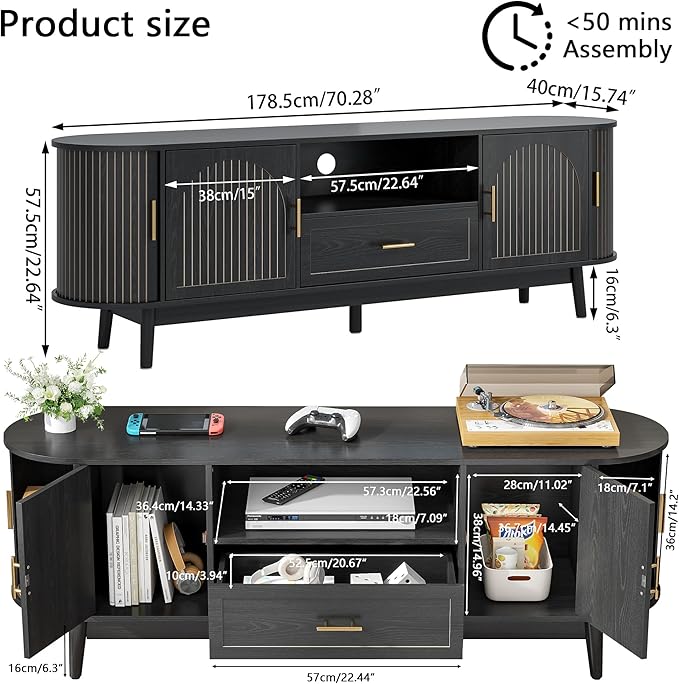 70" Fluted TV Stand for Tvs up to 80", Mid-Century Modern Entertainment Center