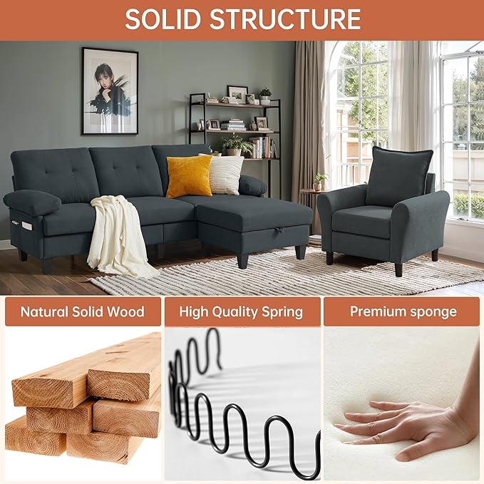 2PCS Sectional Sofa Set with Ottoman, Modern Linen 4 Seater Couch Set with Side