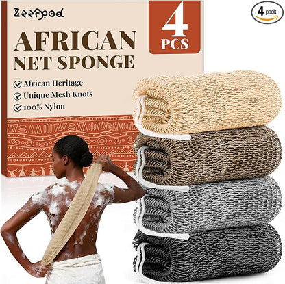 African Net Sponge Authentic-4 Packs African Exfoliating Net Sponge,Bath Sponges for Shower,42 inch Long for Normal to Sensitive Skin, for Daily use, Body Exfoliator Shower(Linen&Brown&Black&Grey)
