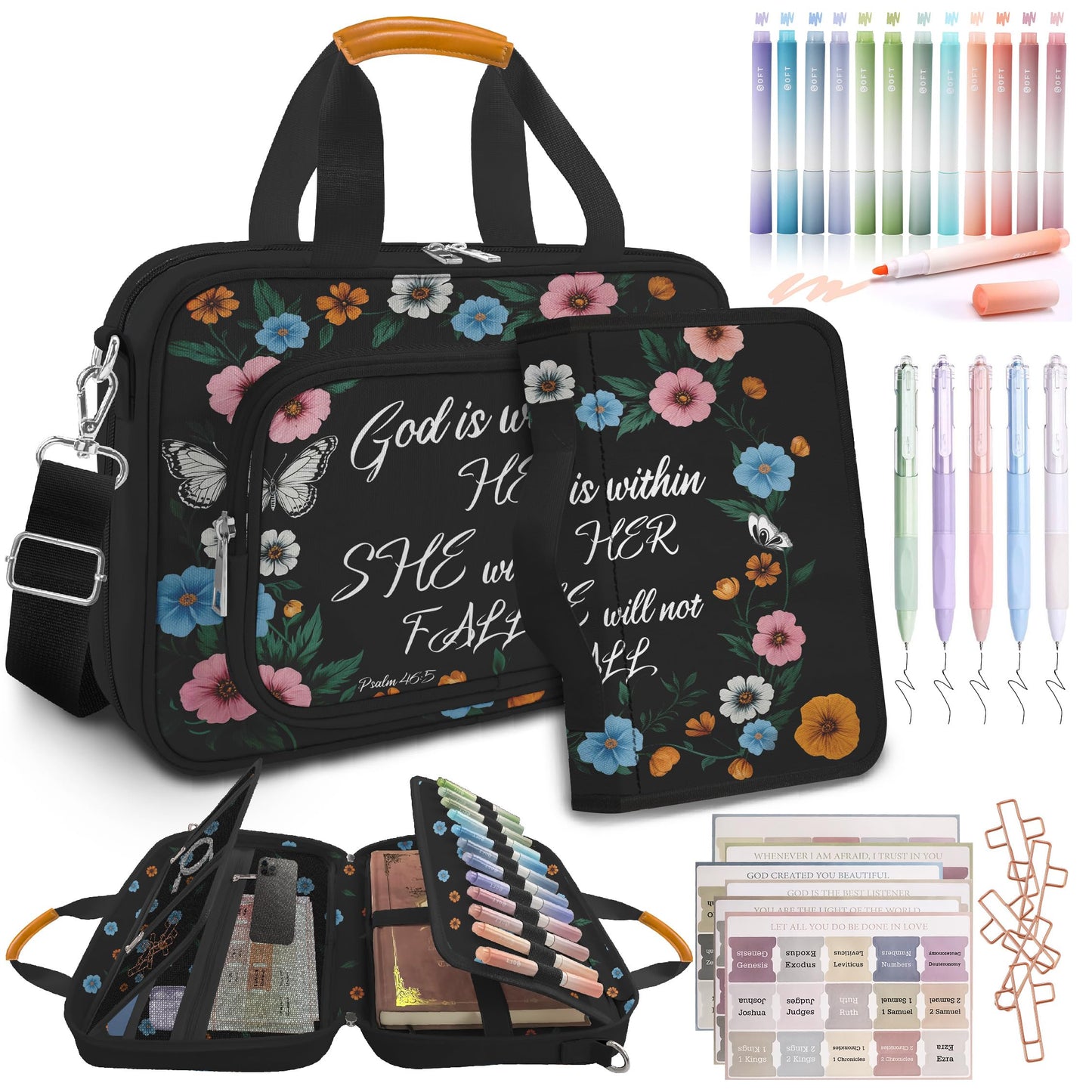 Butterfly Floral Bible Cover Case for Women,Large Boho Church Bag,Bible Bags for Women Organizer,Bible Study Supplies Journaling Kit Book Carrying Case with Bible Highlighters Shoulder Strap