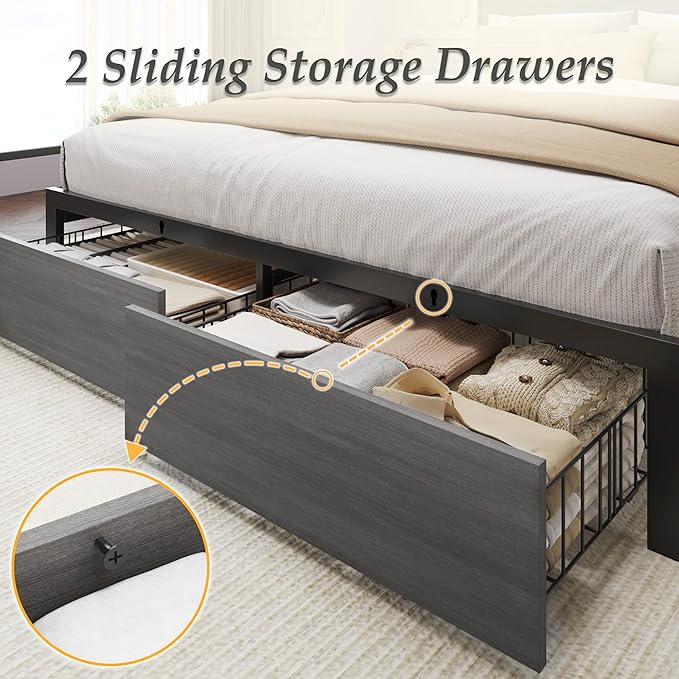 Lifezone Queen Bed Frame with 2-Tier Storage Headboard, Bedroom Metal Bed Frame