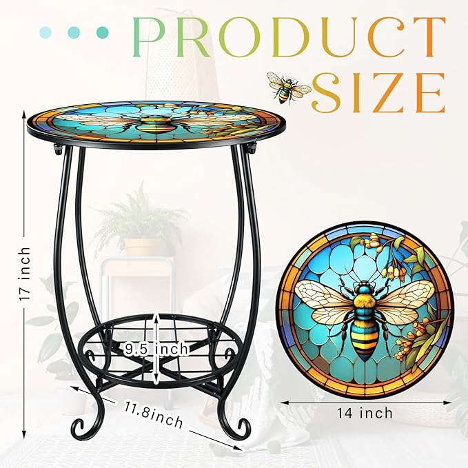 Cinnvoice Outdoor Side Table Round Small Mosaic Patio Accent Indoor End Plant