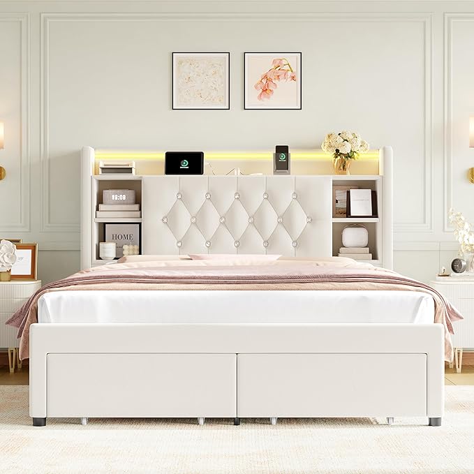 Queen Bed Frame with Drawers, Hidden-Cubby & Shelves Storage Headboard with