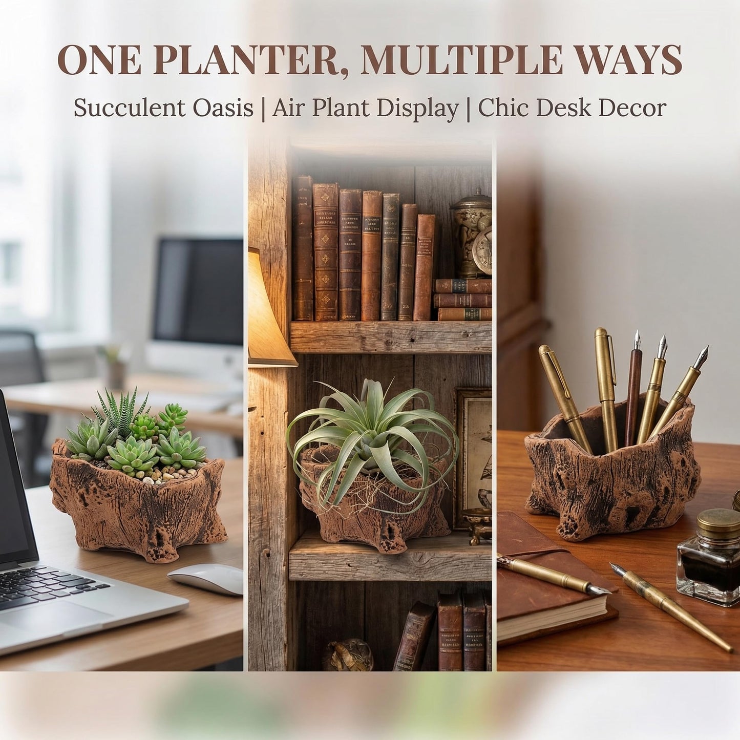 DECHOUS Artificial Small Driftwood Planter - Imitation Driftwood Stump Log Concrete Planter Succulent Flower Pot with Drainage Hole for Small Plants, Cactus, Air Plants, Home Office Indoor Decor