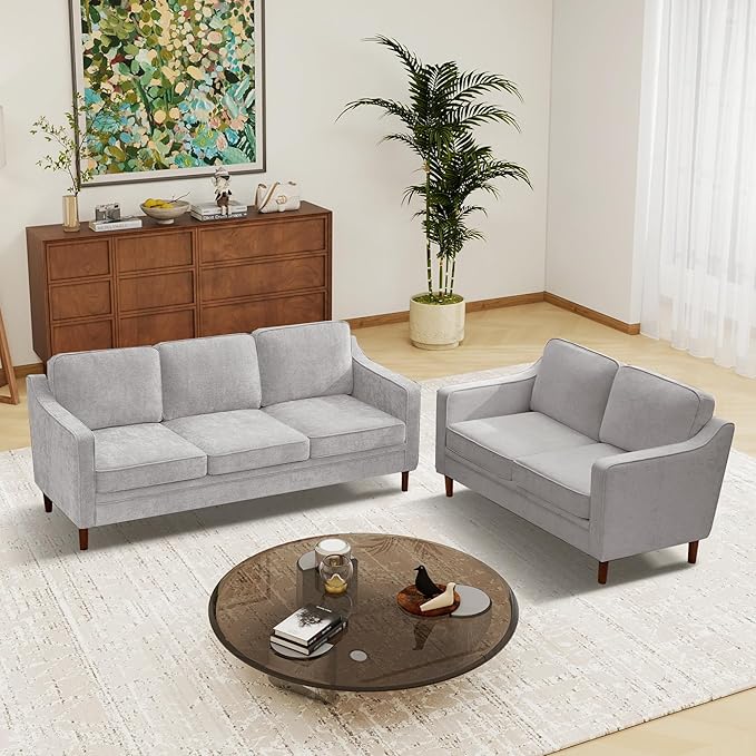 Kingfun Living Room Furniture Sets, 3 Seater Couch and Loveseat, Mid Century