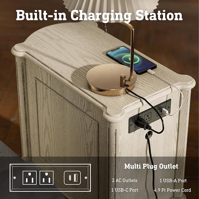 STO'SENSE Nightstand w/Charging Station & 3 Drawers, Pre-Assembled, Vintage