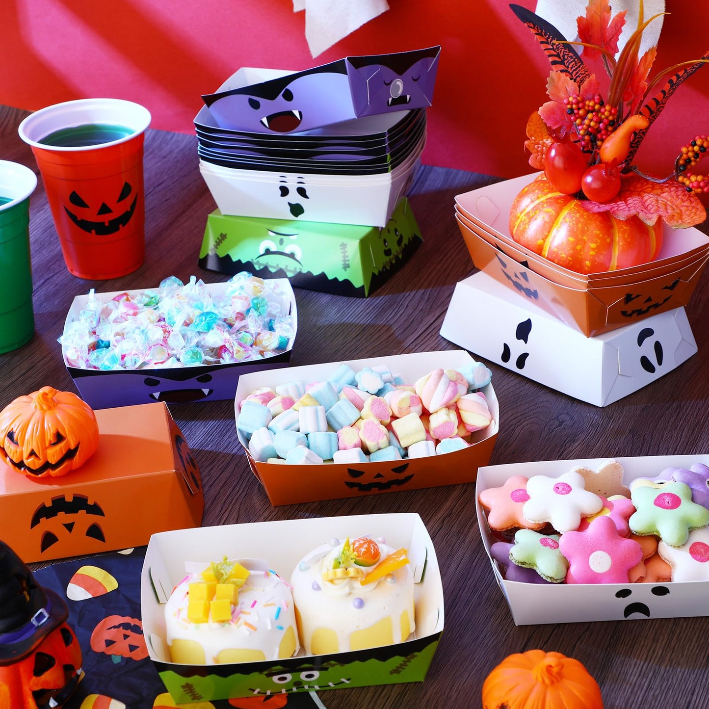 Dunzoom 36 Pcs Halloween Paper Food Trays Disposable Bowls Grease Resistant Pumpkin Monsters Ghost Food Boats Dessert Plates Nacho Snack Hot Dog Serving Tray for Halloween Party Supplies Decorations