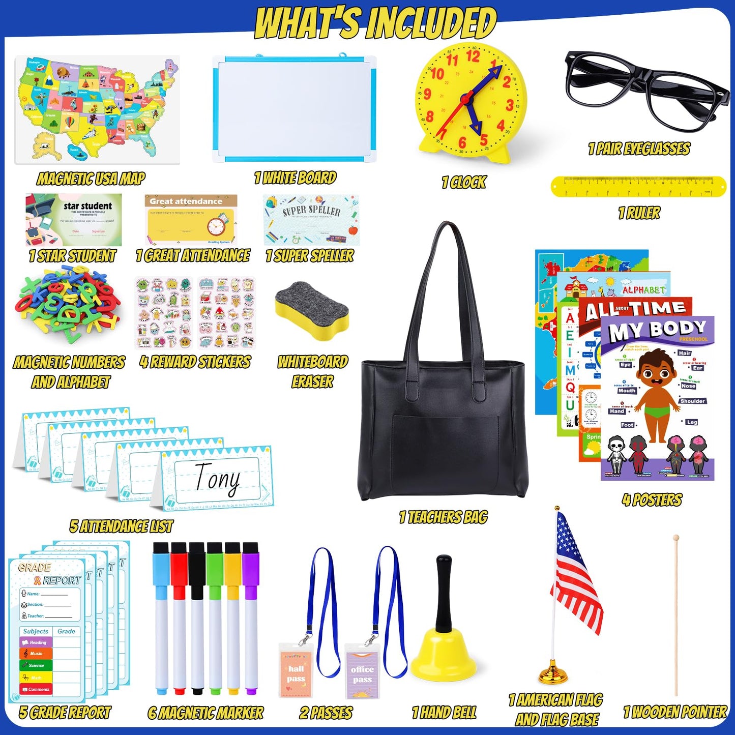 Gifts2U Pretend Play School Sets for Kids - With Teacher Bag, Whiteboard, Learning Clock, Educational Posters and Teaching Toy Supplies.