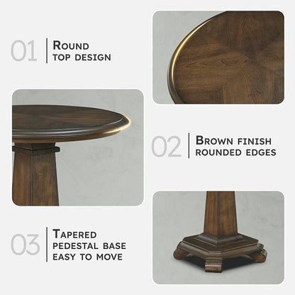 Lexicon 22 Dia. Round End Table, Wood Side Table with Sturdy Pedestal Leg, Cherry Veneer Accent Nightstand with for Small Spaces, Living Room, Bedroom, Entryway, Easy Assembly, Brown