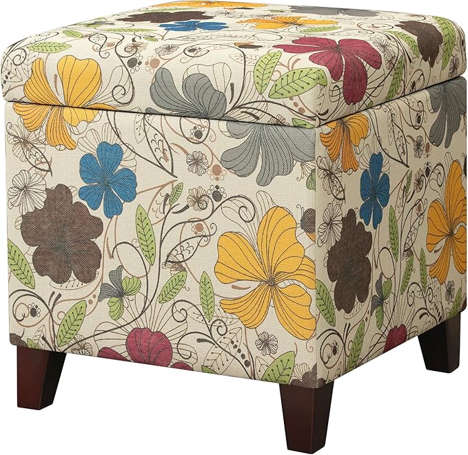 Adeco 18 Inch High Cube Ottoman Storage, Floral Printed Linen Chair Foot Stools