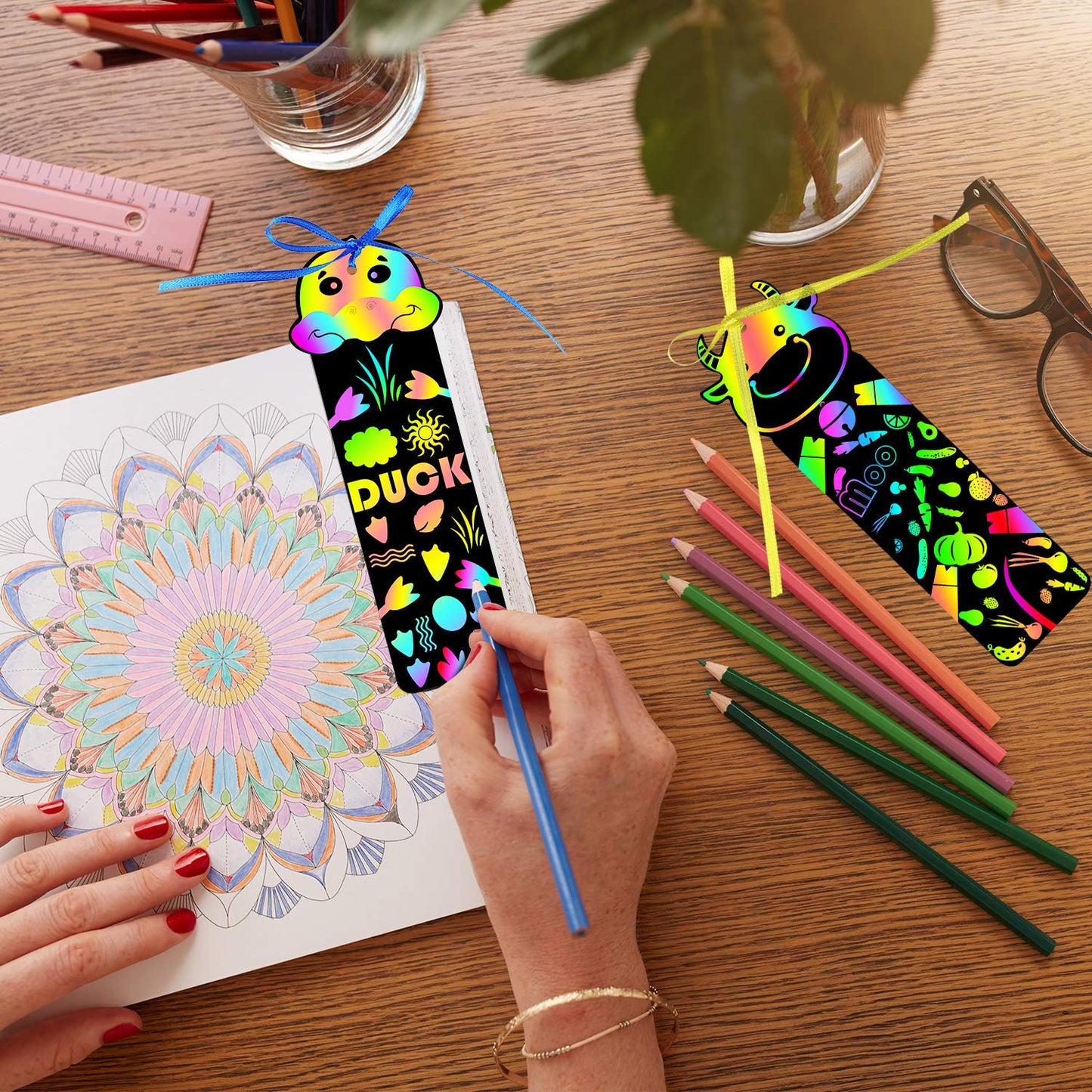 Blulu 100 Pieces 20 Styles Scratch Art Bookmarks for Kids Back to School Scratch DIY Bookmark Crafts with 100 Pcs Ropes 20 Pcs Wood Stylus First Day of School Gift for Students Boys Girls Classroom