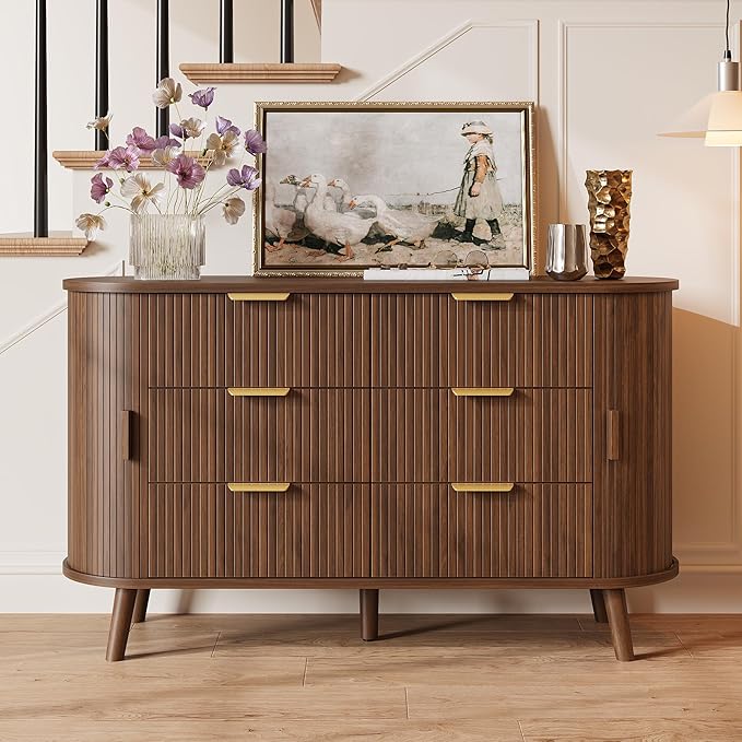 Decofy Fluted 6 Drawers Dresser, Curved Profile & Sturdy Legs, Wood TV Stand