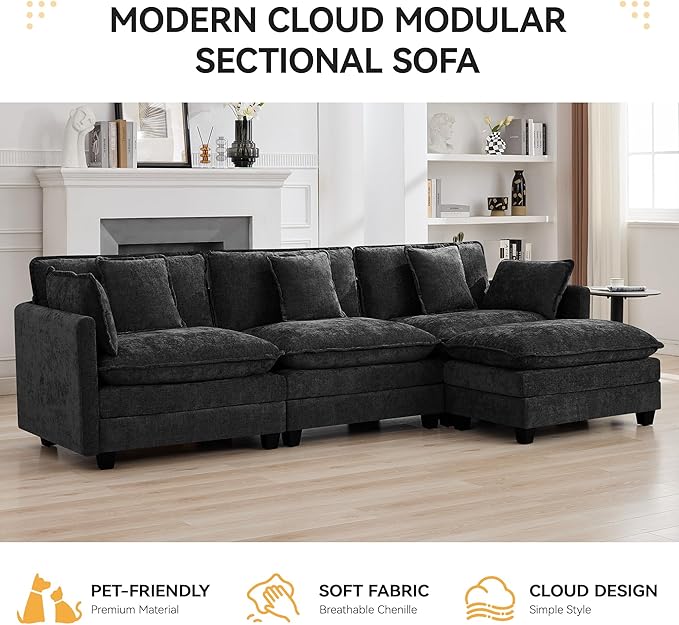 111'' Sectional Cloud Deep Seat Couch, Modern Comfy Chenille L Shaped Sectional