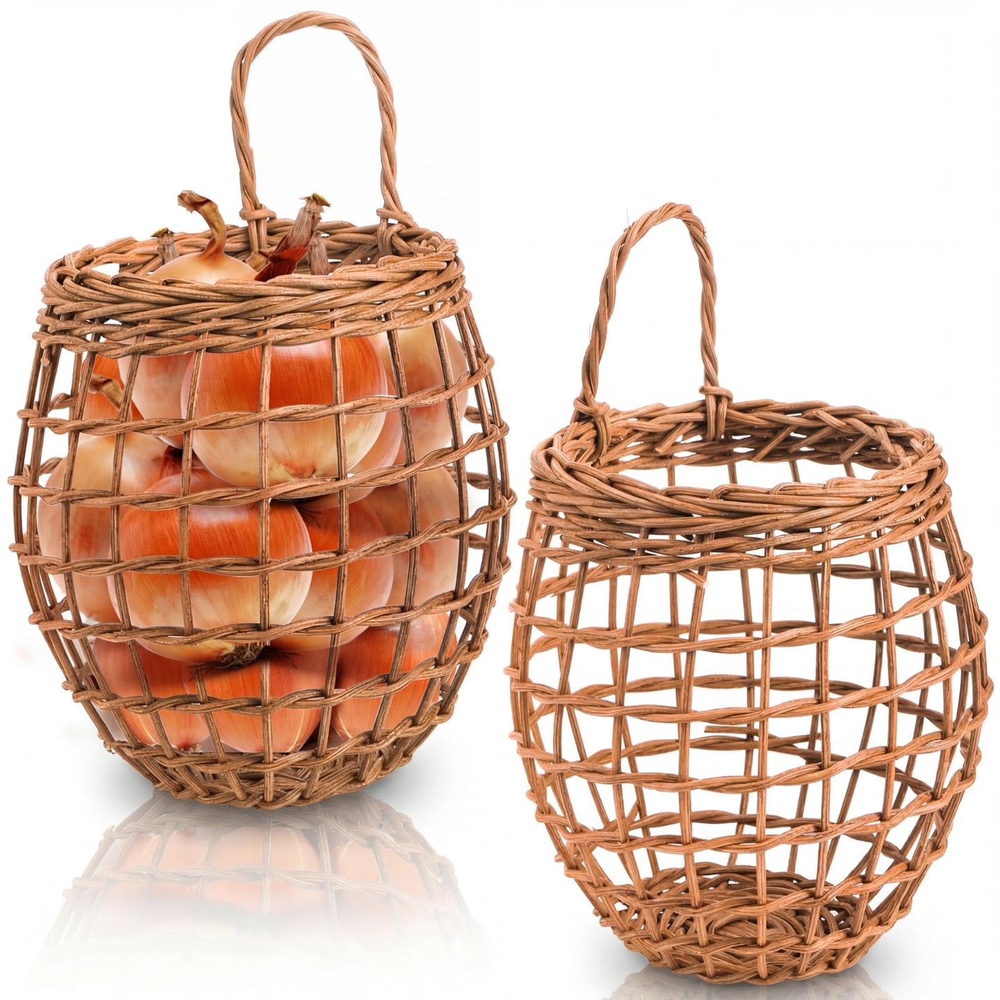 Elsjoy Set of 2 Hanging Onion Basket, Wall Mount Small Wicker Baskets for Food Storage, Woven Rattan Basket for Kitchen, Pantry, Home Decor