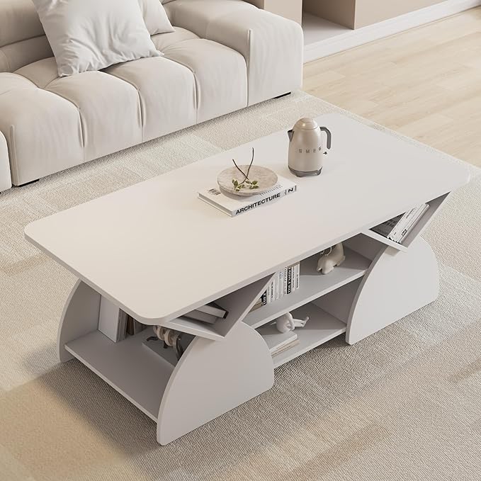Modern White Coffee Table 47 in, Rectangular Living Room Table