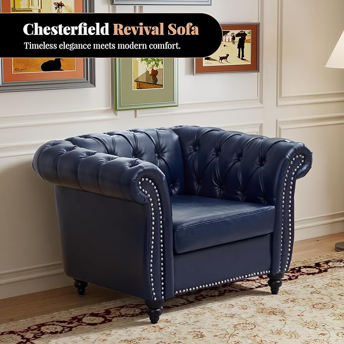 LEVNARY Chesterfield Armchair, Tufted Leather Accent Chair, Mid-Century Modern