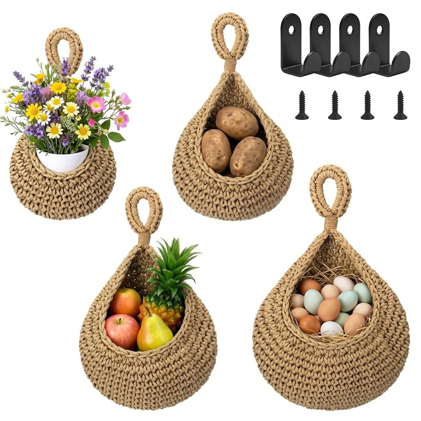 4 Pack Boho Decor Hanging Baskets for Kitchen, 4 Sizes Teardrop Wall Baskets with Hooks for Home Storage Fruit Vegetable
