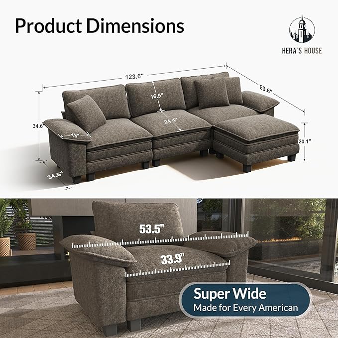 HERA'S HOUSE 124" Modular Sectional Sofa, Oversized L Shaped Couches