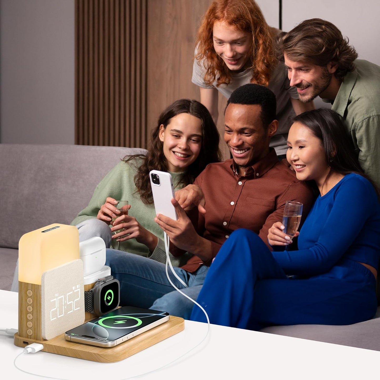 Alarm Clock Charging Station for Bedrooms, 7 in 1 Wireless Charging Station, Magnetic Charger with Night Light Bedside Clock for iPhone 16 15 14 13 12 Pro Max, Apple Watch, AirPods