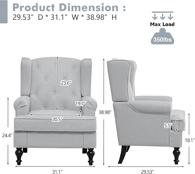 Accent Chair Set of 2, Mid Century Modern Fabric Wingback Chair, Upholstered
