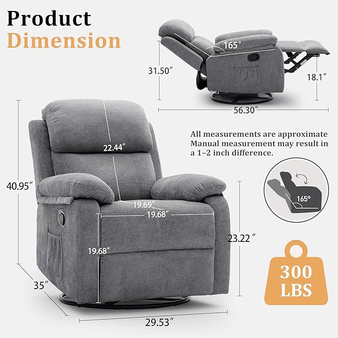 Korser Recliner Chair, 360 Swivel Rocker Chair