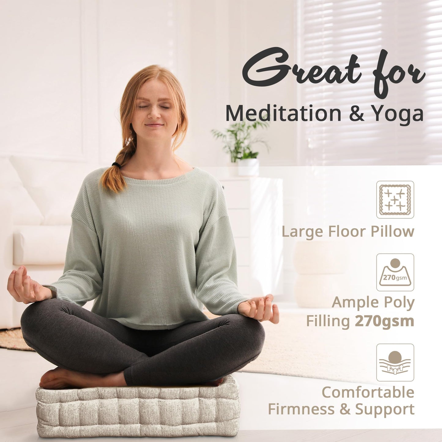 Intelligent Design Azza Floor Pillow, Large Cushions Sitting for Adults, Floor Pillow for Meditation or Yoga, Lustrous Chenille Tufted with Scalloped Edges for Bench/Chair Cushion, 20"x20"x5" Ivory