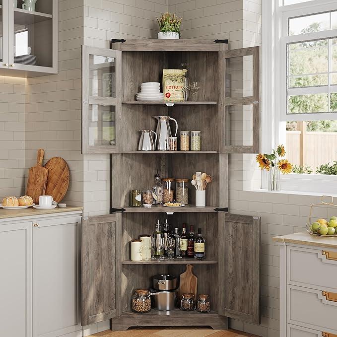 GarveeHome Tall Corner Cabinet, Farmhouse Corner Storage Cabinet