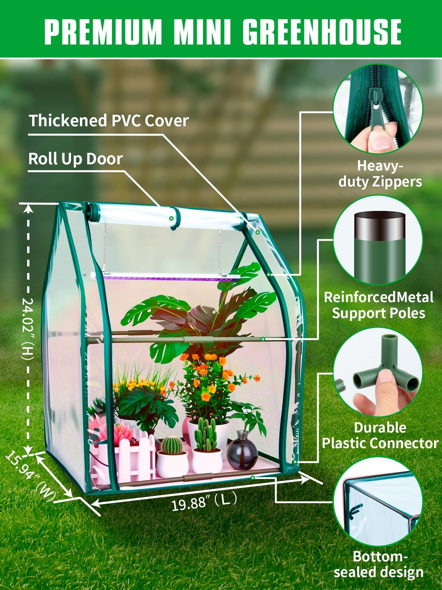Hugbow Mini Green House with Grow Light, Mini Greenhouse Indoor, 15W Full Spectrum Plant Lights & Timer for Seed Starter Tray, Indoor Outdoor Plants 24"x16"x20"